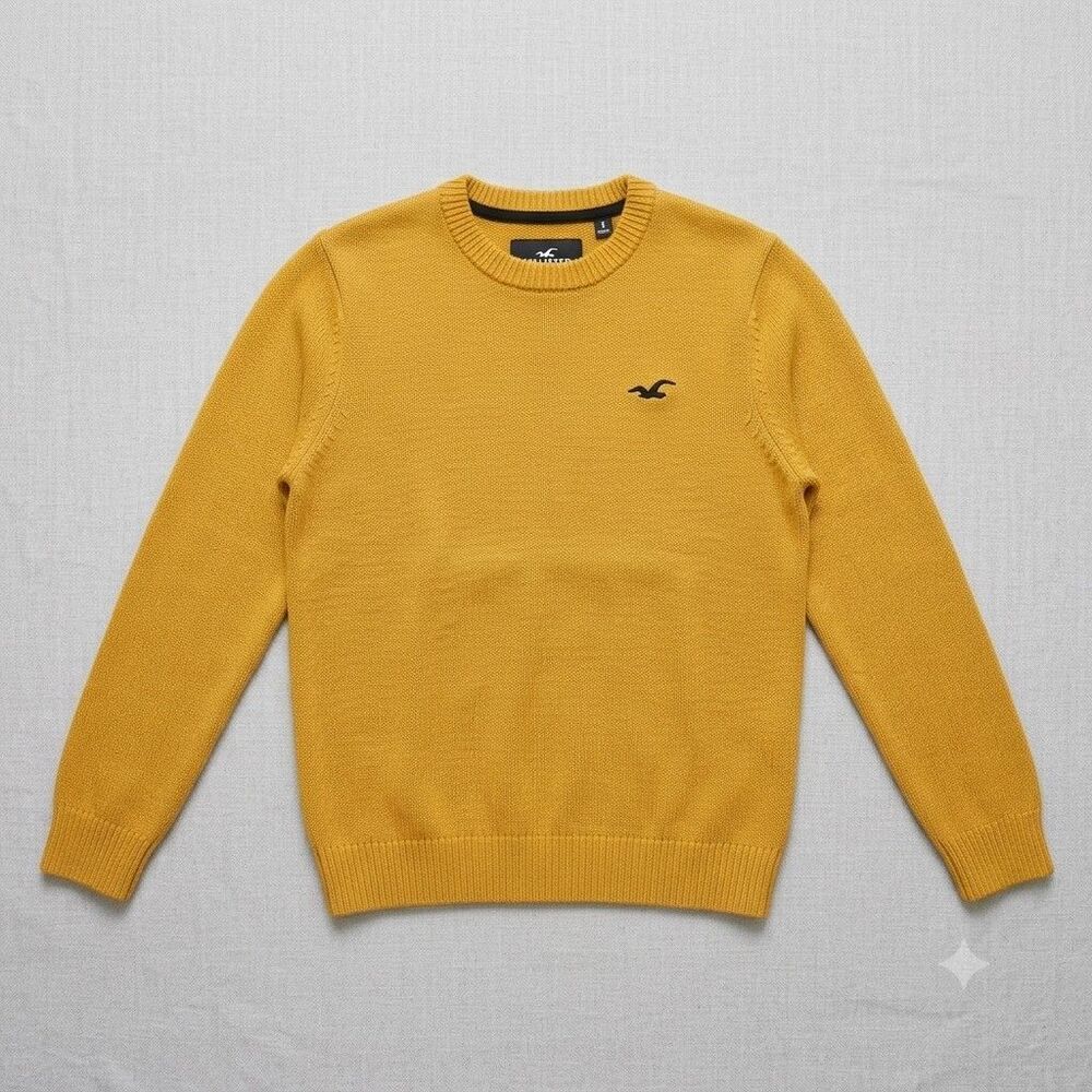 Hollister Mens Small Long Sleeve Crew Neck Sweater Mustard Yellow Knit Pullover